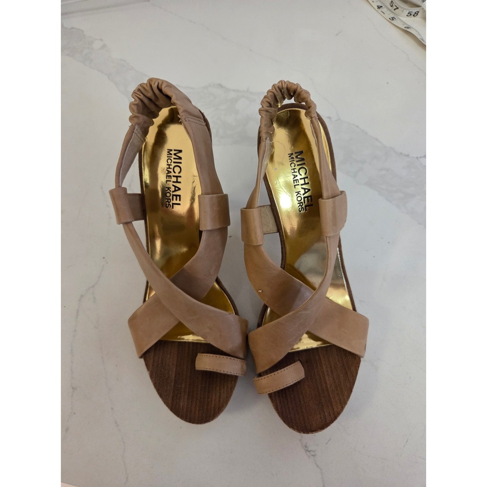 Michael Michael Kors Tan Leather Strappy Toe Loop Slingback Heels Sandals 6.5M